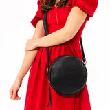 Pebbled--black Large | Circle shaped crossbody bag with top zipper