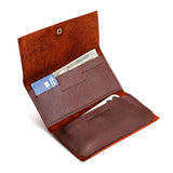 Cognac | Leather wallet with snap closure open