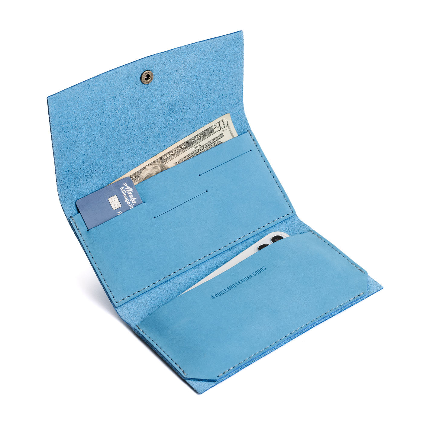 Iceberg Blue | Leather wallet with snap closure open