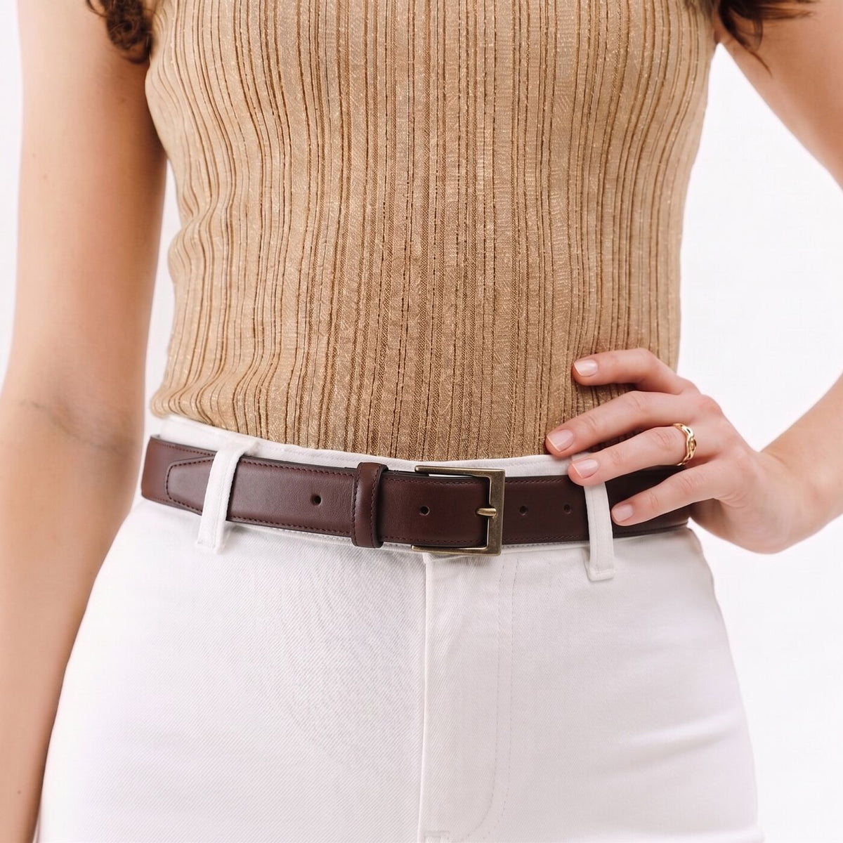 Umber | Legacy leather belt on model's waist