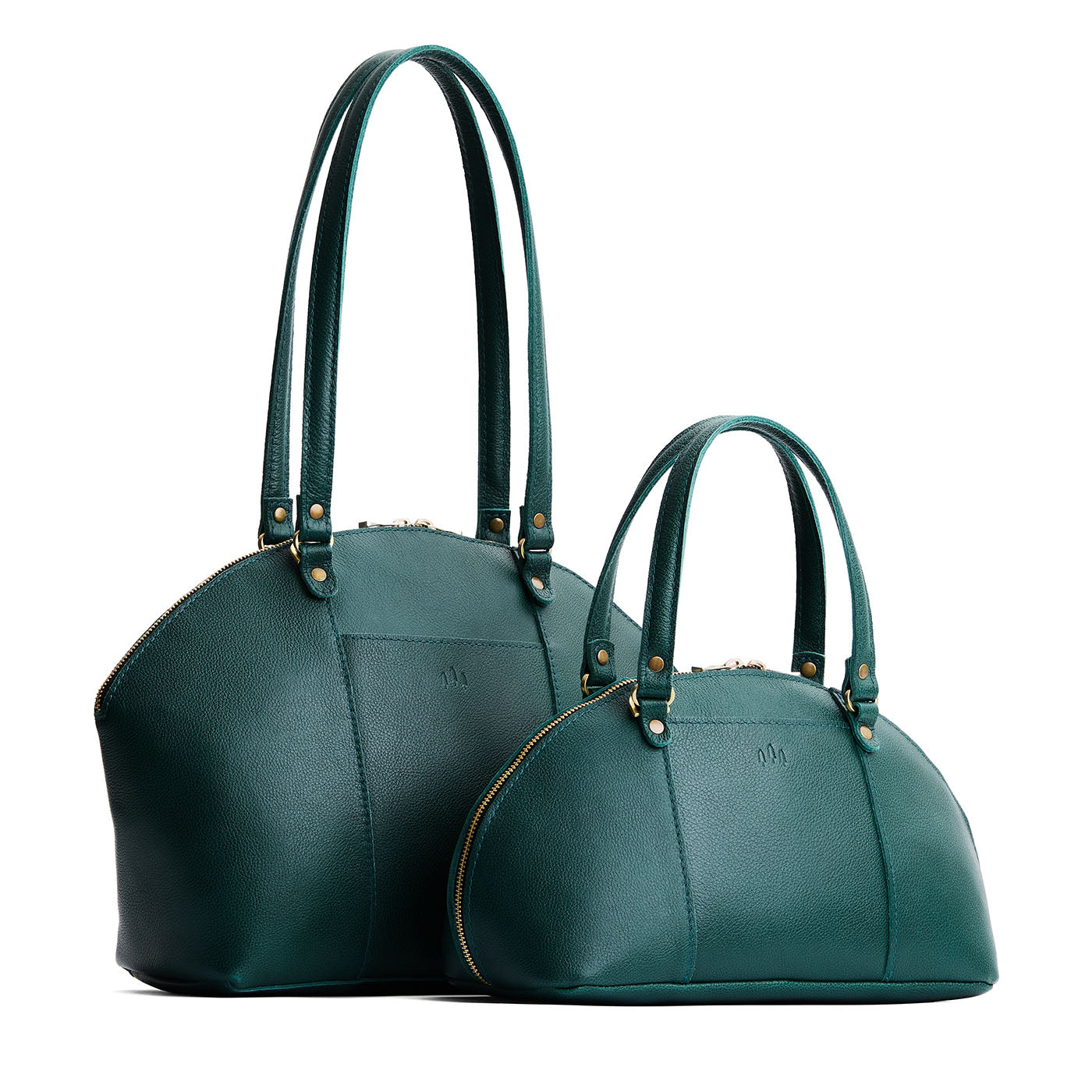 Sea Glass | Size comparison of the large and small half circle crossbody bag with handles and removable crossbody strap 