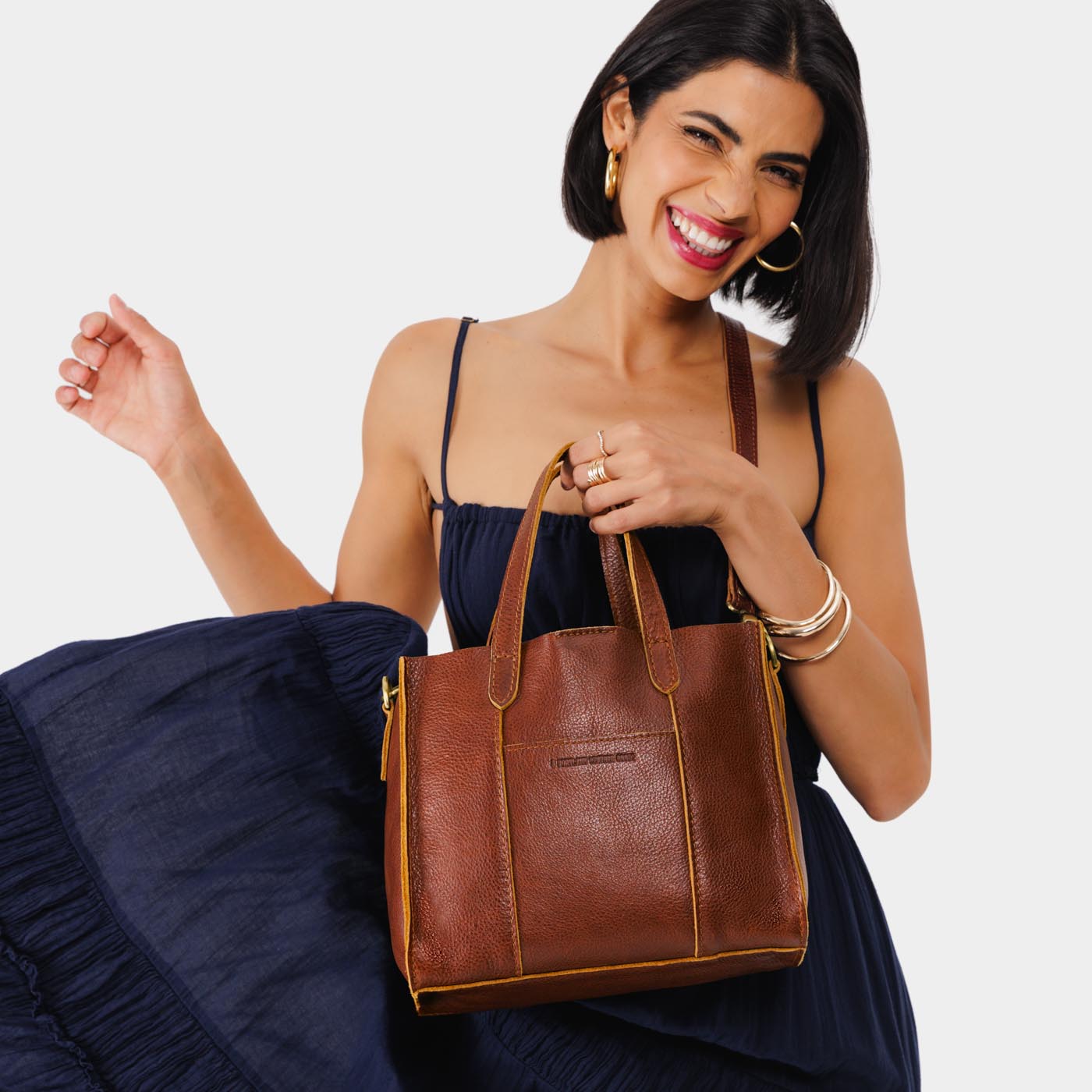 Nutmeg | Structured mid-size tote bag with overlapping panels and crossbody strap
