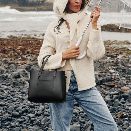 Black*Classic | Structured mid-size tote bag with overlapping panels and crossbody strap
