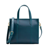 Westward Blue Zipper | Structured mid-size tote bag with overlapping panels and crossbody strap