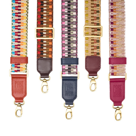 Berry Matcha | Patterned fabric and leather strap on a white background 
