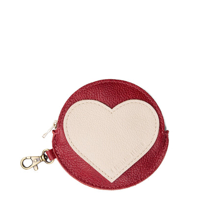 Chili Red | Leather round keychain pouch with heart in the middle