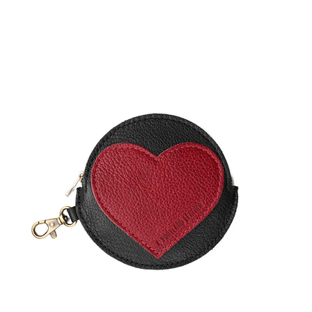 Pebbled--black | Leather round keychain pouch with heart in the middle