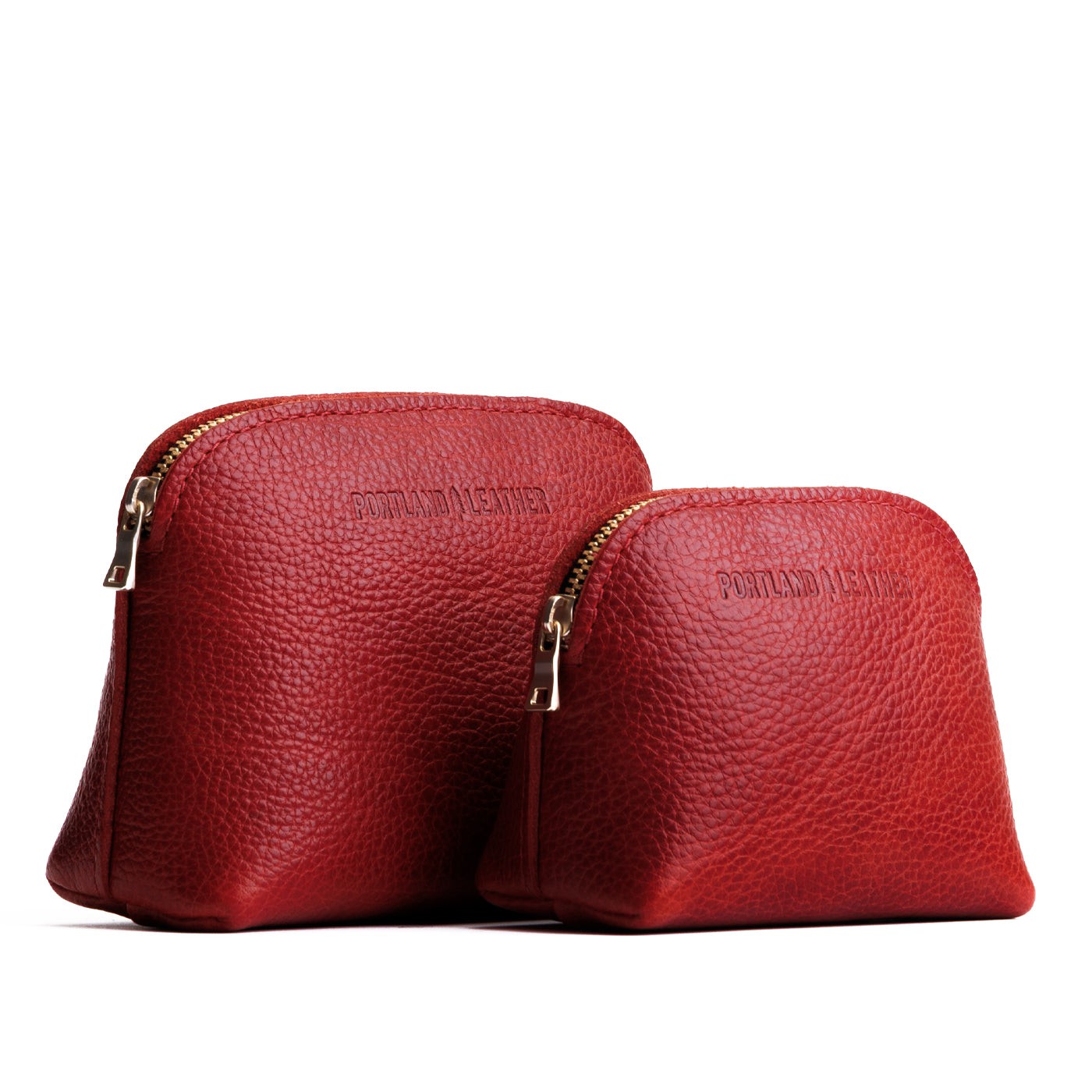 All Color: Chili Red | Comparison view of compact leather pouches with top zippers