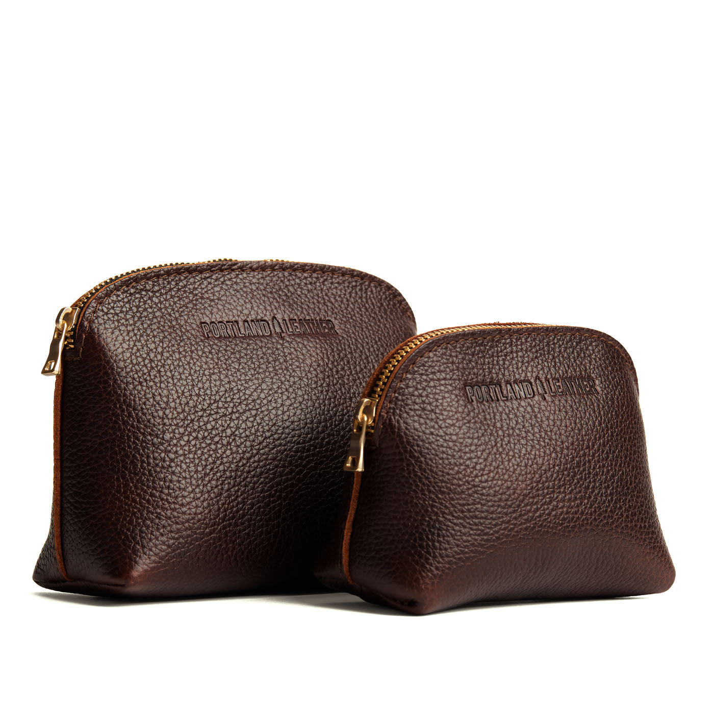 Coldbrew | Comparison view of small and large compact leather pouches with top zippers
