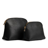 Pebbled--black | Comparison view of small and large compact leather pouches with top zippers