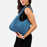 Mariner Blue Large | U-shaped, flat-bottomed leather shoulder bag with two outside pockets