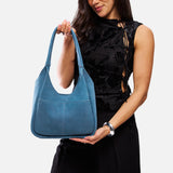 Mariner Blue Large | U-shaped, flat-bottomed leather shoulder bag with two outside pockets