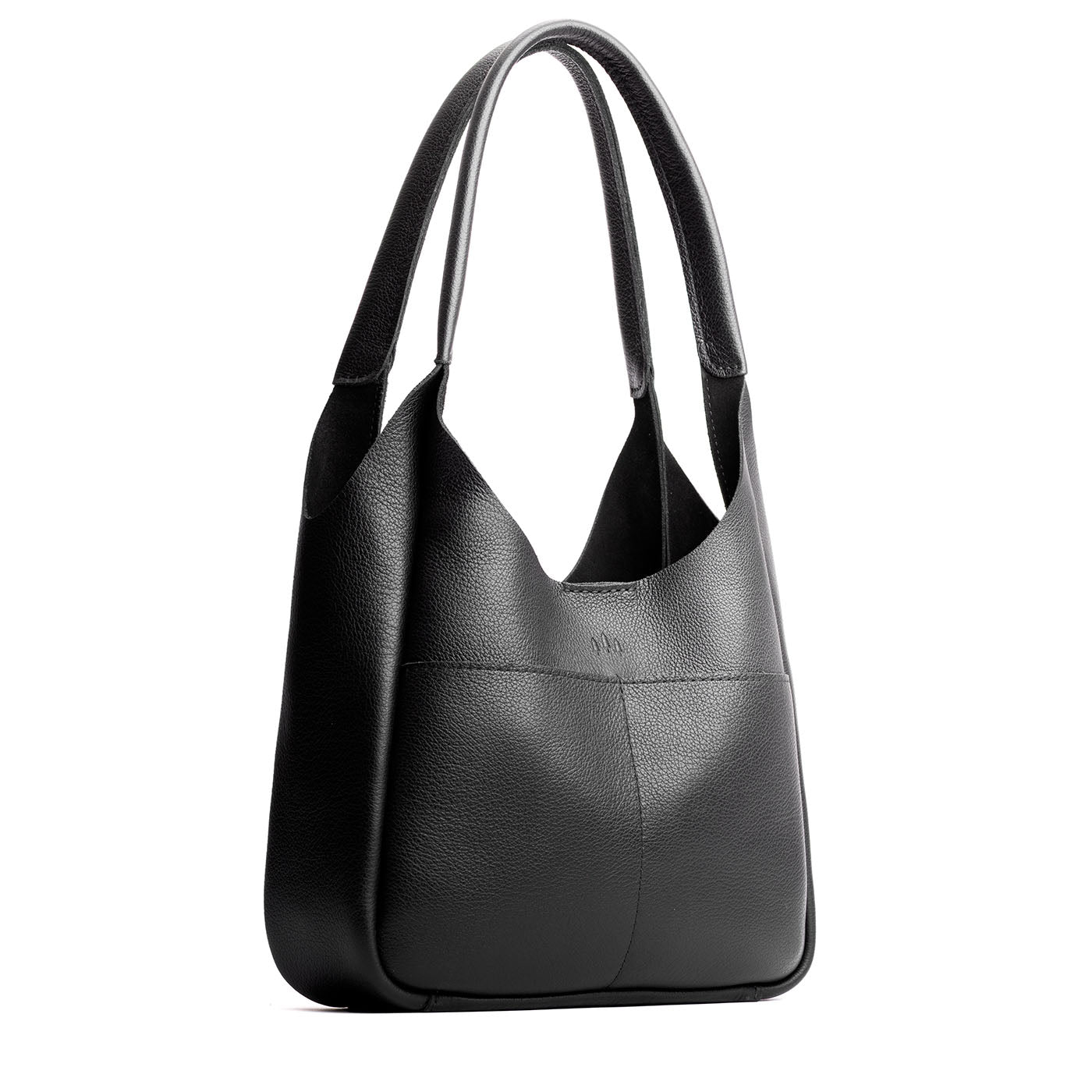 Pebbled--Black*Large | U-shaped, flat-bottomed leather shoulder bag with two outside pockets
