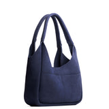 Alaska Blue Medium | U-shaped, flat-bottomed leather shoulder bag with two outside pockets