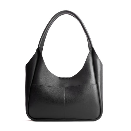 Pebbled--Black*Medium | U-shaped, flat-bottomed leather shoulder bag with two outside pockets