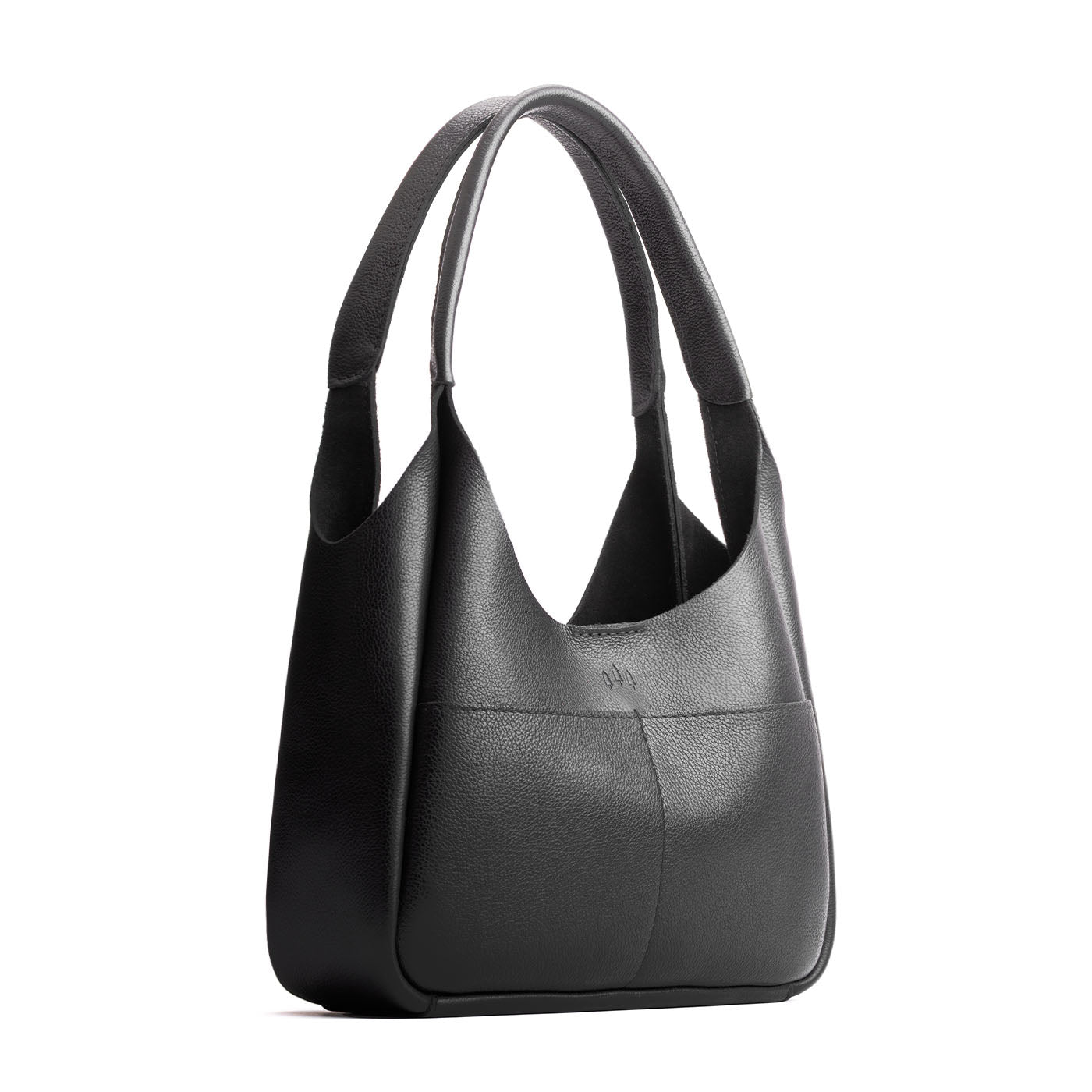 Pebbled--Black*Medium | U-shaped, flat-bottomed leather shoulder bag with two outside pockets