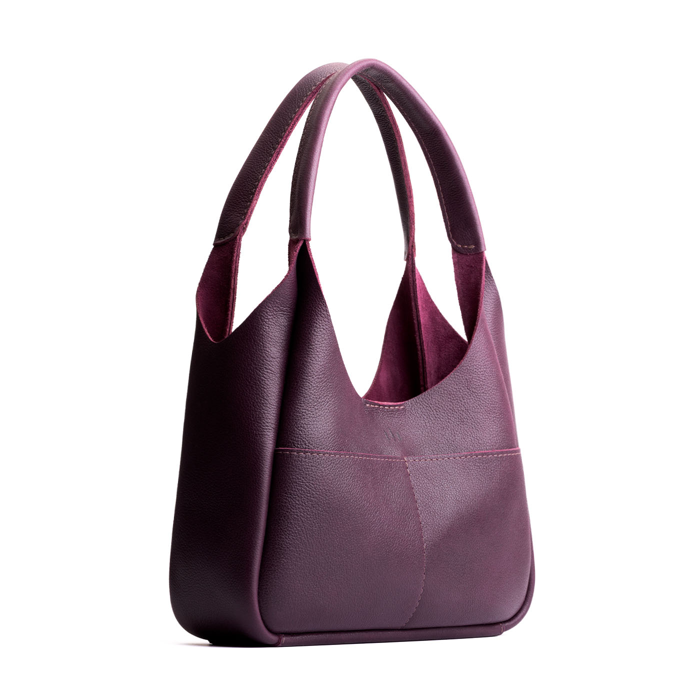 Plum*Medium | U-shaped, flat-bottomed leather shoulder bag with two outside pockets