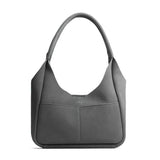 Smoke Grey Medium | U-shaped, flat-bottomed leather shoulder bag with two outside pockets