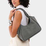 Smoke Grey Medium | U-shaped, flat-bottomed leather shoulder bag with two outside pockets