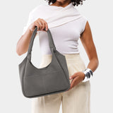 Smoke Grey Medium | U-shaped, flat-bottomed leather shoulder bag with two outside pockets