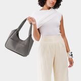 Smoke Grey Medium | U-shaped, flat-bottomed leather shoulder bag with two outside pockets