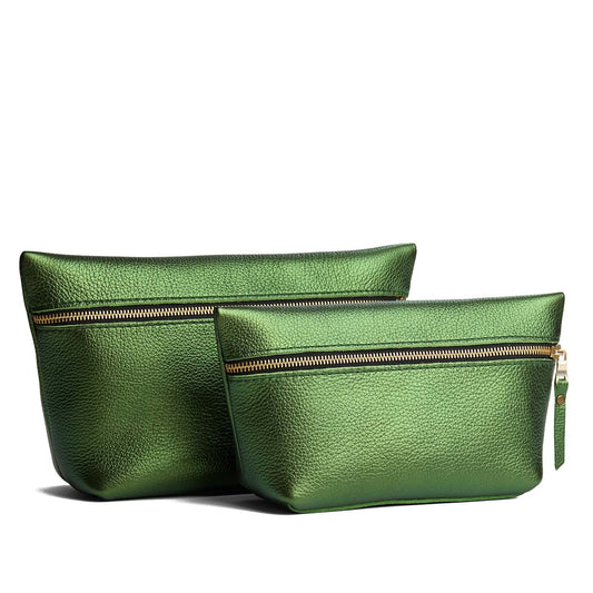 Metallic Greench | Two large leather makeup bags with zipper
