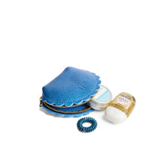 Comet Blue Small | Curved leather pouch with zipper and scalloped edges