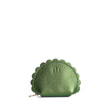 Metallic Greench Small | Curved leather pouch with zipper and scalloped edges