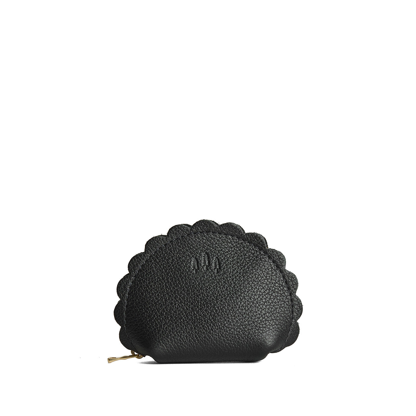 Pebbled--black*Small | Curved leather pouch with zipper and scalloped edges