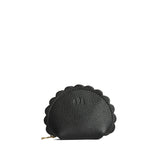 Pebbled--black Small | Curved leather pouch with zipper and scalloped edges