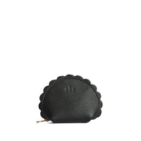 Pebbled--black*Small | Curved leather pouch with zipper and scalloped edges