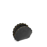 Pebbled--black Small | Curved leather pouch with zipper and scalloped edges