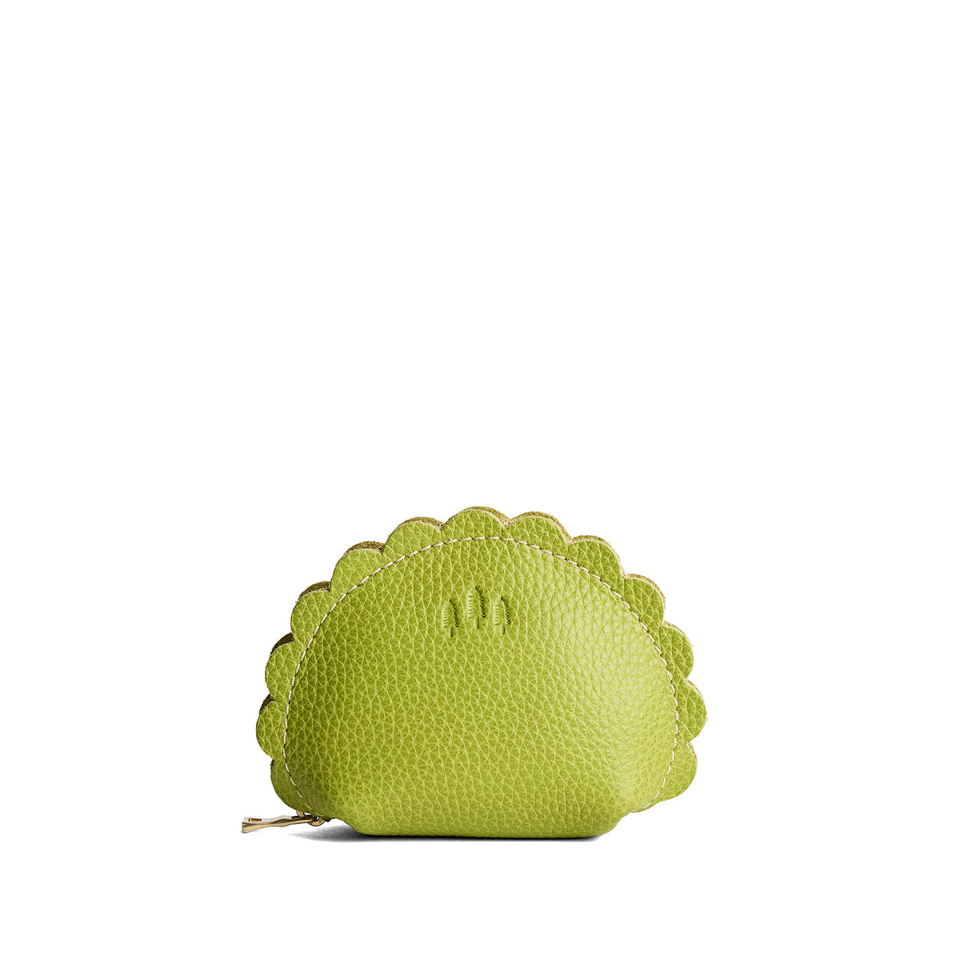 Wasabi*Small | Curved leather pouch with zipper and scalloped edges
