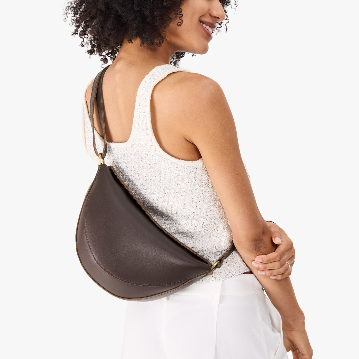 Grizzly*Medium | Model wearing petite half circle shaped sling bag