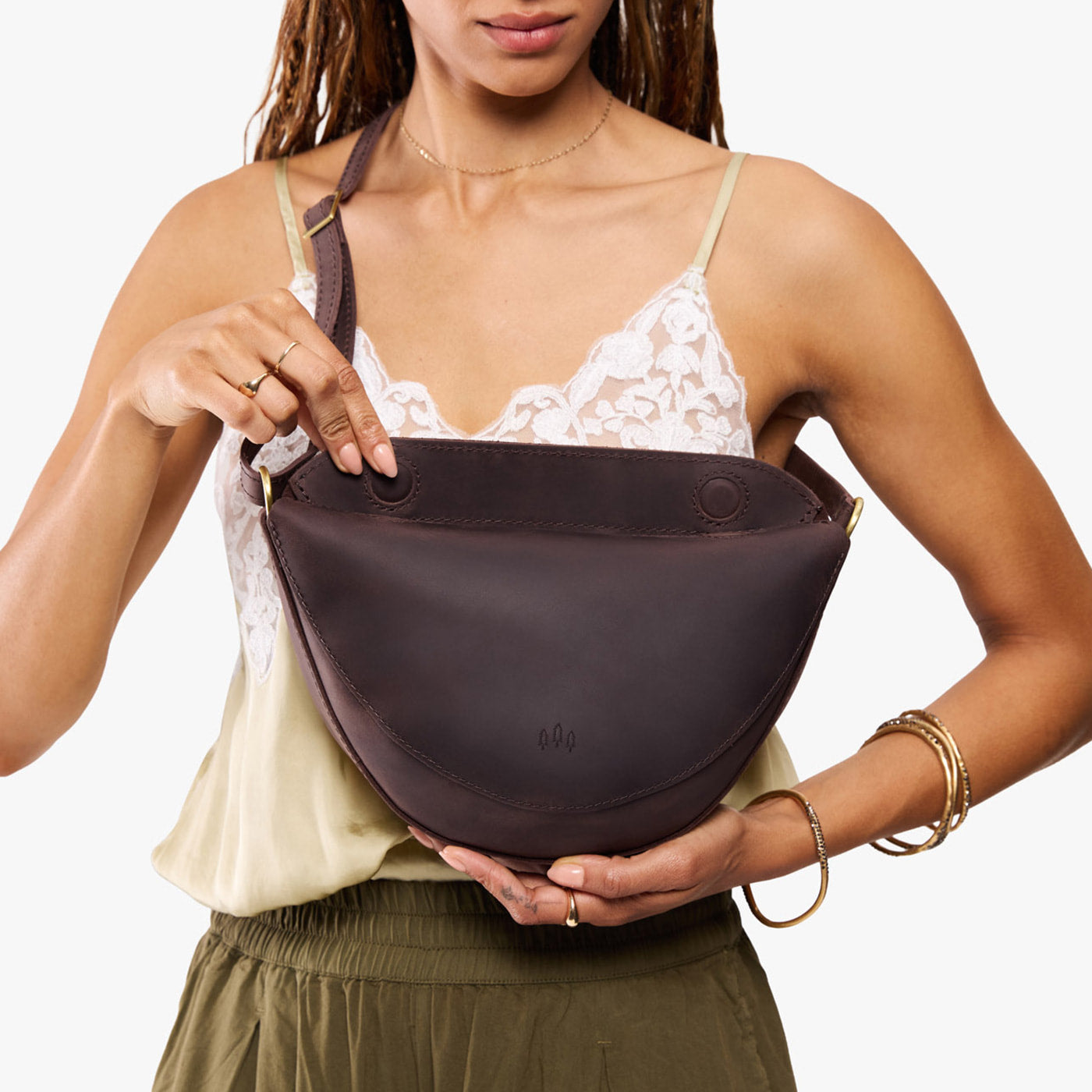 Moose*Medium | Model wearing petite half circle shaped sling bag