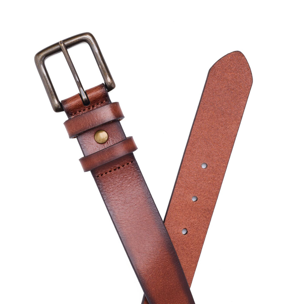 Amber | Front and back of mens leather belt with two belt loops and antiqued brass buckle