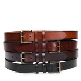 All Variants | Four stacked mens leather belts with two belt loops and antiqued brass buckles