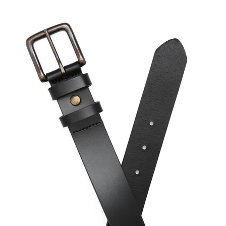 Jet Black | Front and back of mens leather belt with two belt loops and antiqued brass buckle