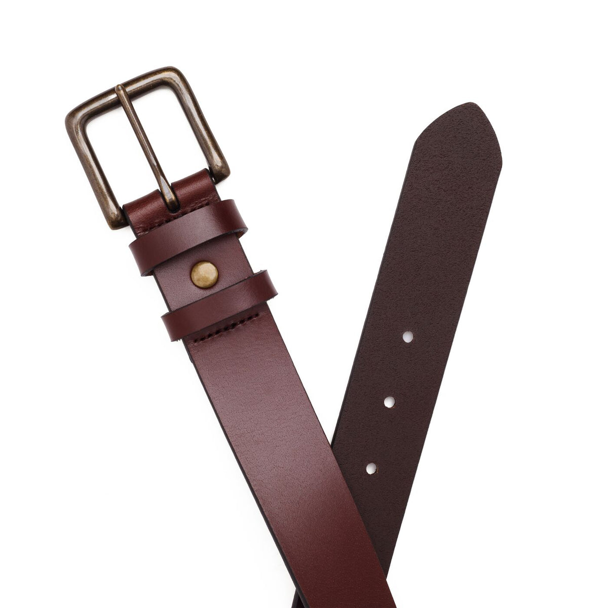 Pecan | Front and back of mens leather belt with two belt loops and antiqued brass buckle