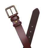 Pecan | Front and back of mens leather belt with two belt loops and antiqued brass buckle