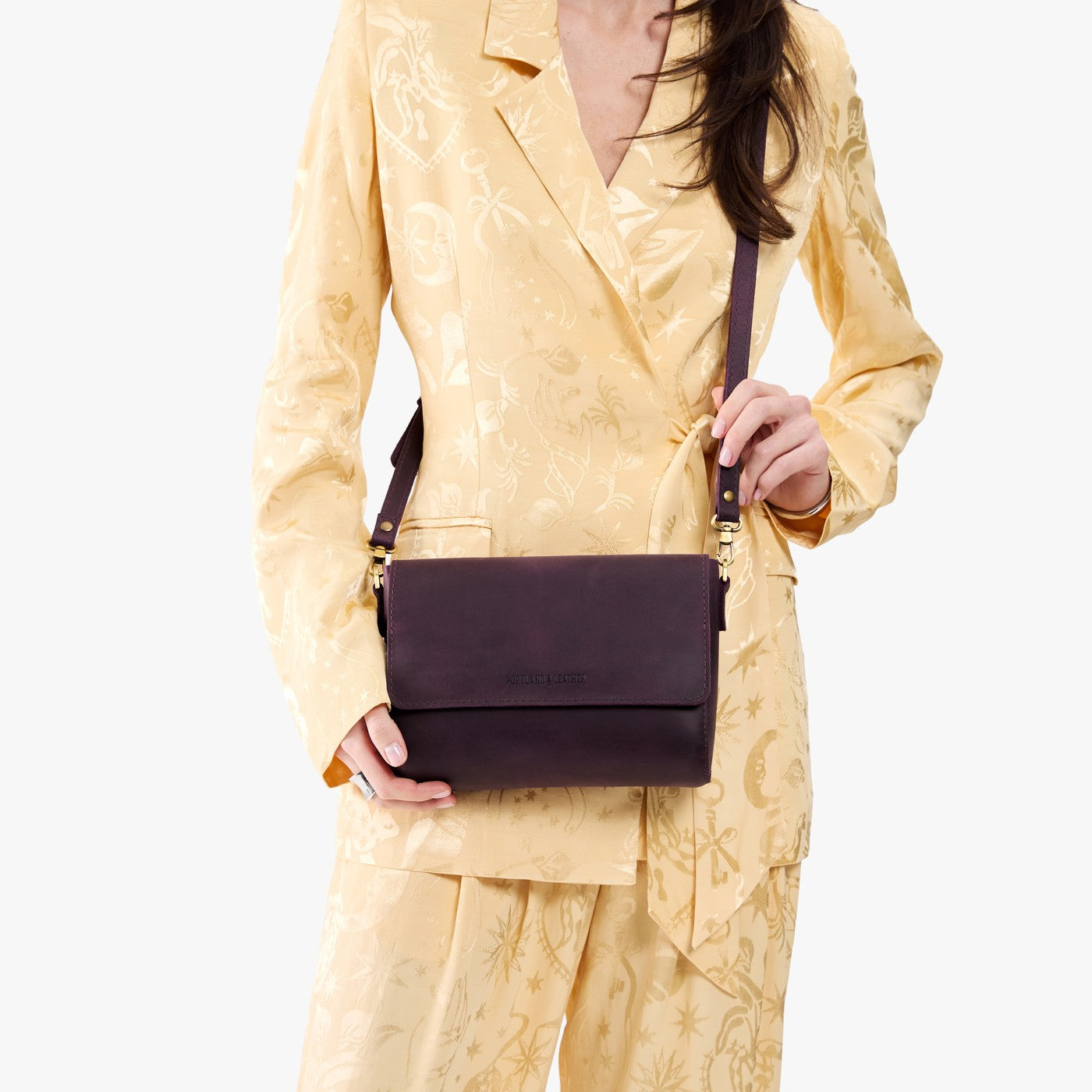 Larkspur*Medium | Model wearing leather Crossbody Bag with Magnetic Messenger Bag 