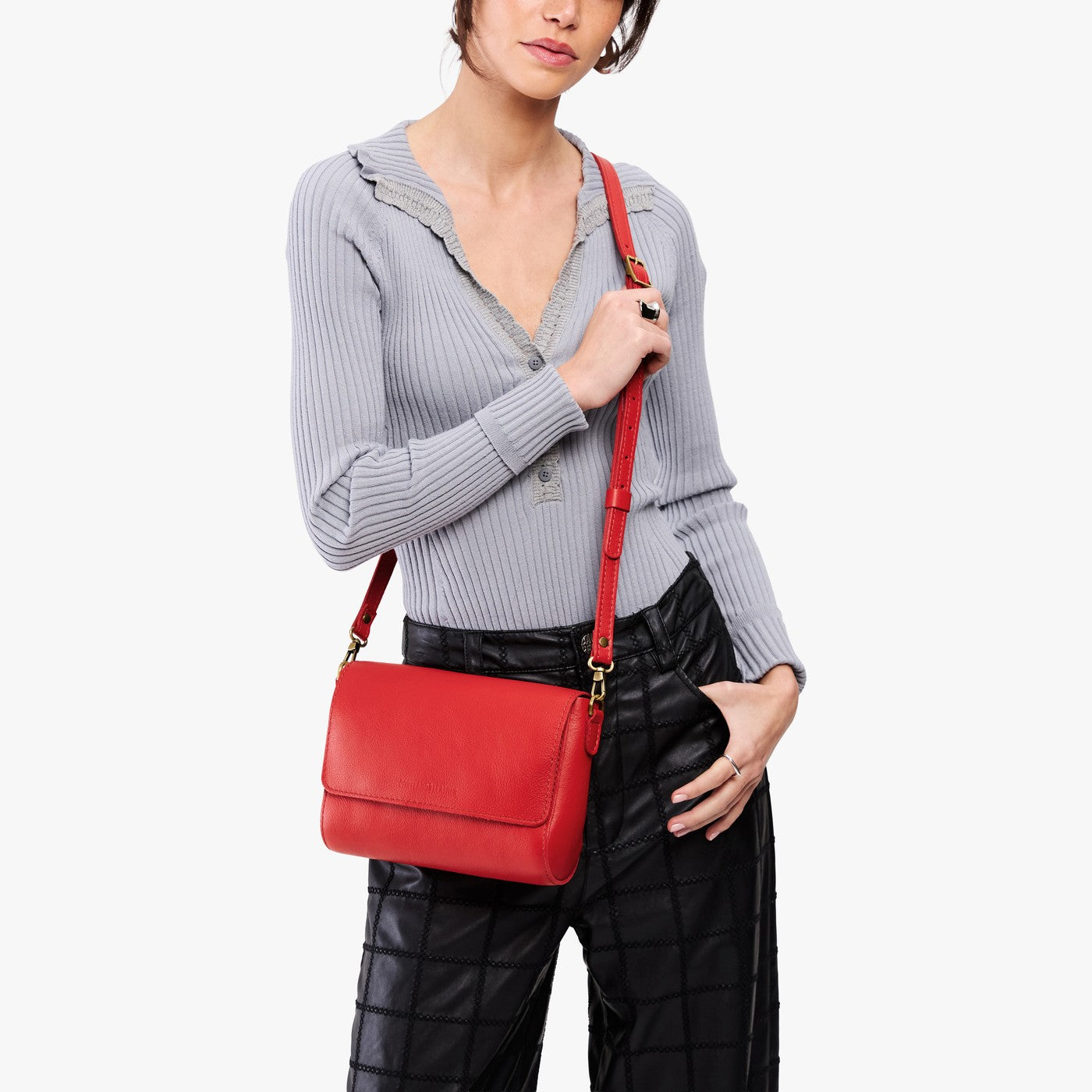 Poppy Red*Medium | Model Wearing Small Leather Crossbody Bag with Magnetic Messenger Bag Closure