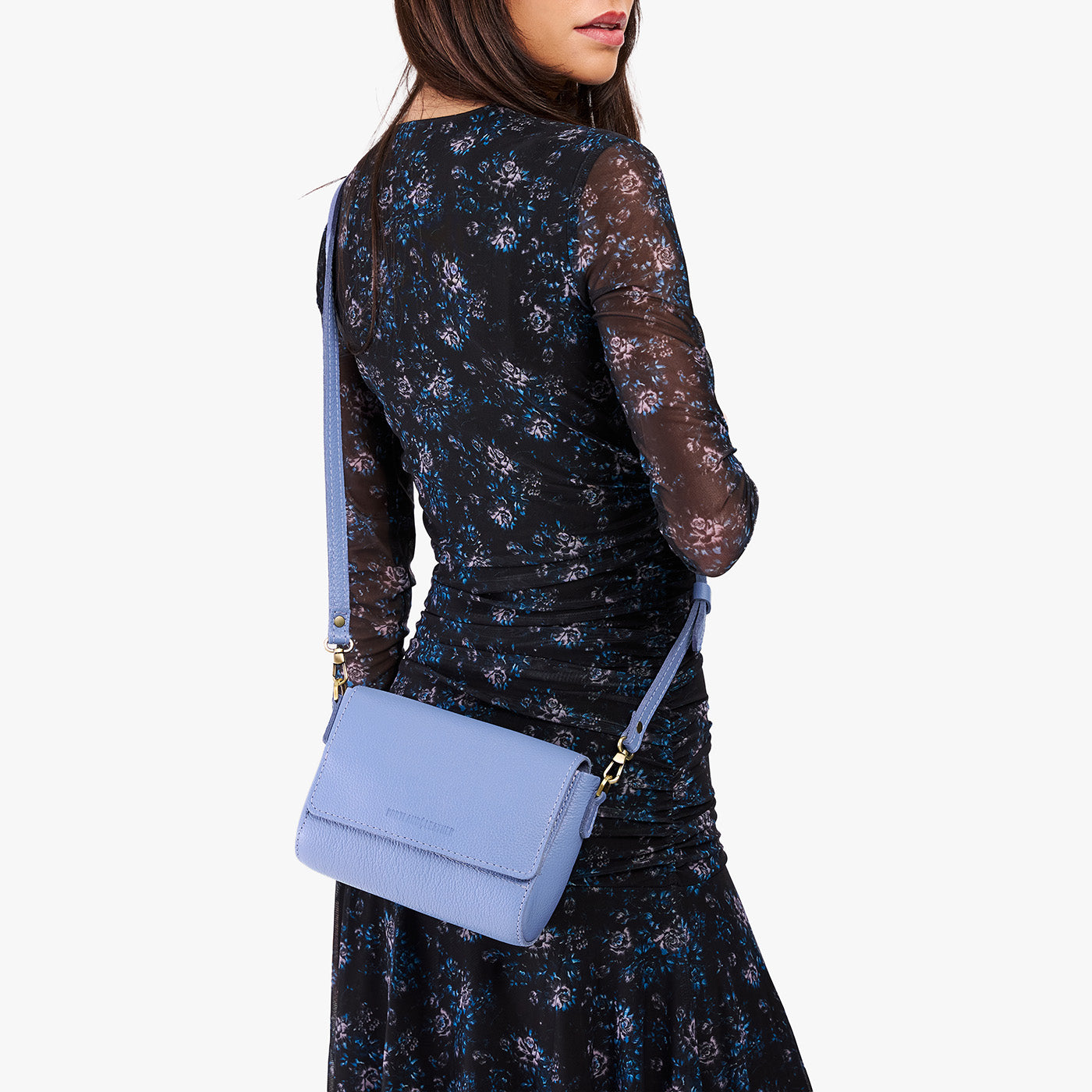 Aster*Mini | Model Wearing Small Leather Crossbody Bag with Magnetic Messenger Bag Closure