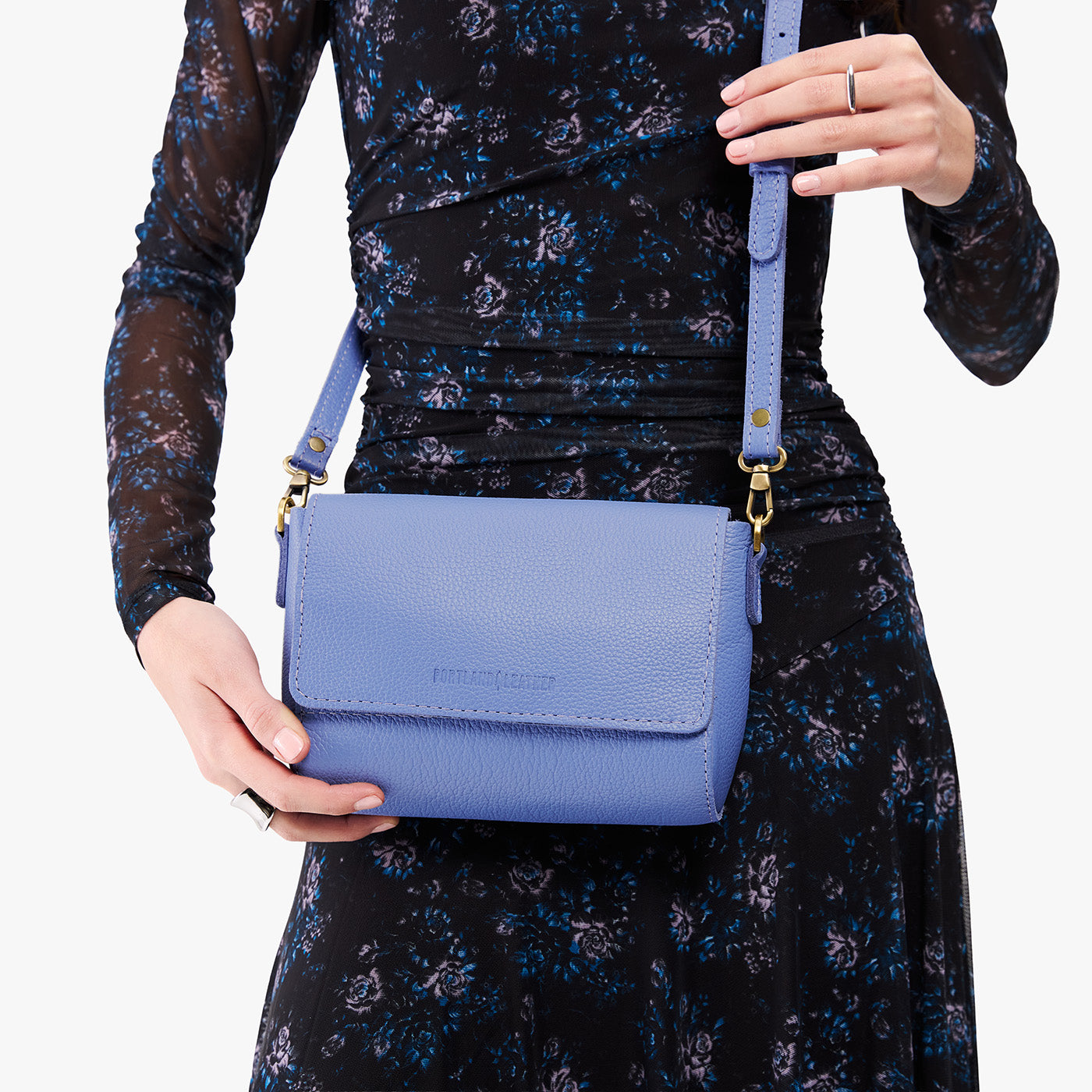 Aster*Mini | Model Wearing Small Leather Crossbody Bag with Magnetic Messenger Bag Closure