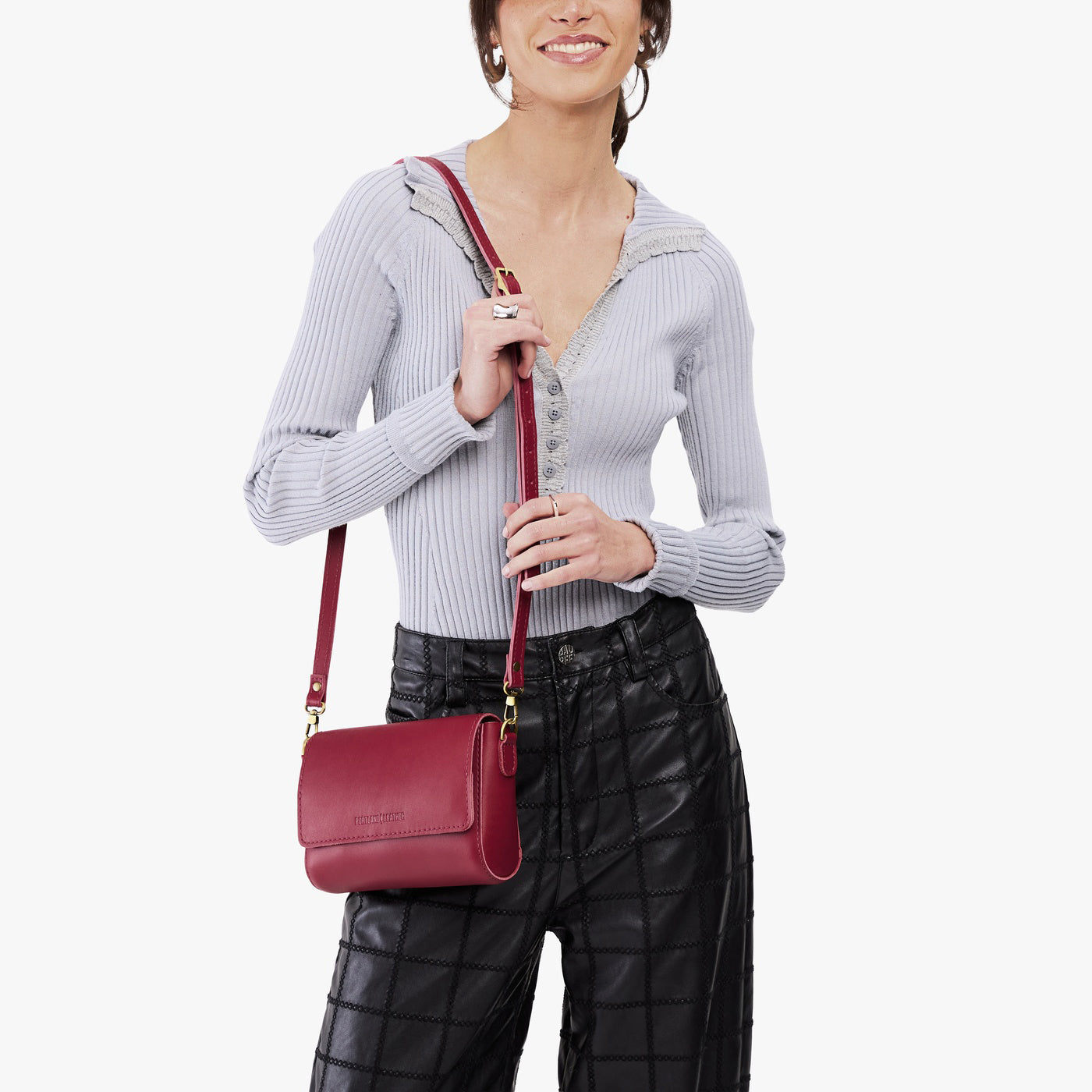 Berry Good*Mini | Model Wearing Small Leather Crossbody Bag with Magnetic Messenger Bag Closure