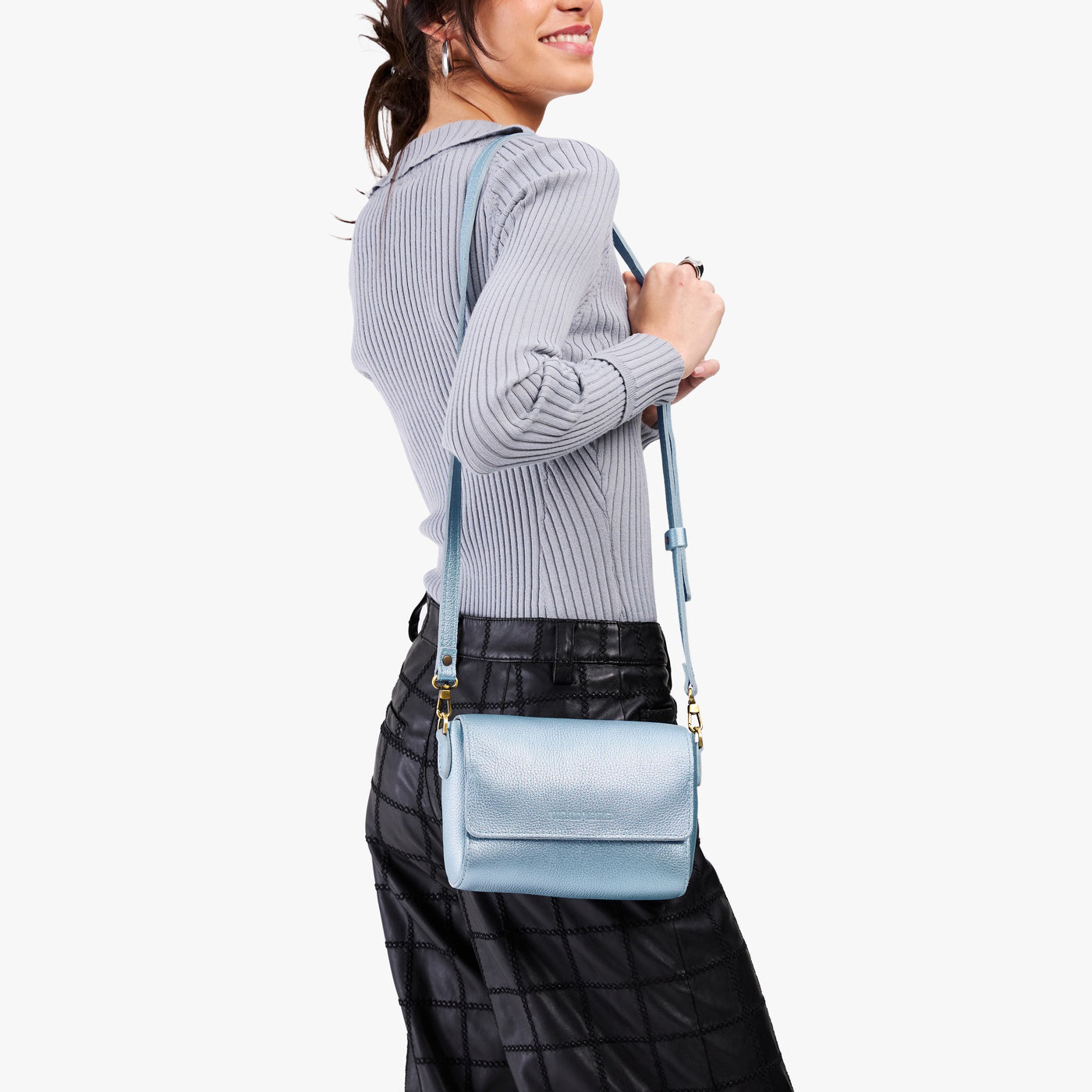 Leatherella*Mini | Model Wearing Small Leather Crossbody Bag with Magnetic Messenger Bag Closure