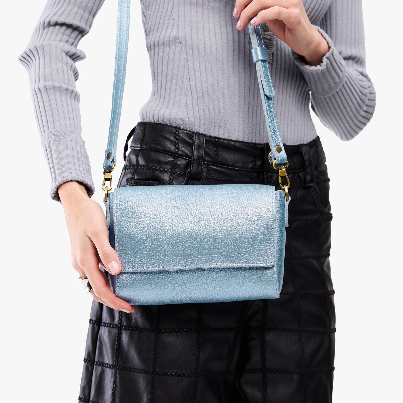 Leatherella*Mini | Model Wearing Small Leather Crossbody Bag with Magnetic Messenger Bag Closure