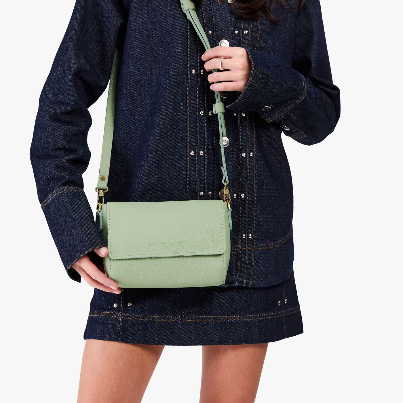Pistachio*Mini | Model Wearing Small Leather Crossbody Bag with Magnetic Messenger Bag Closure