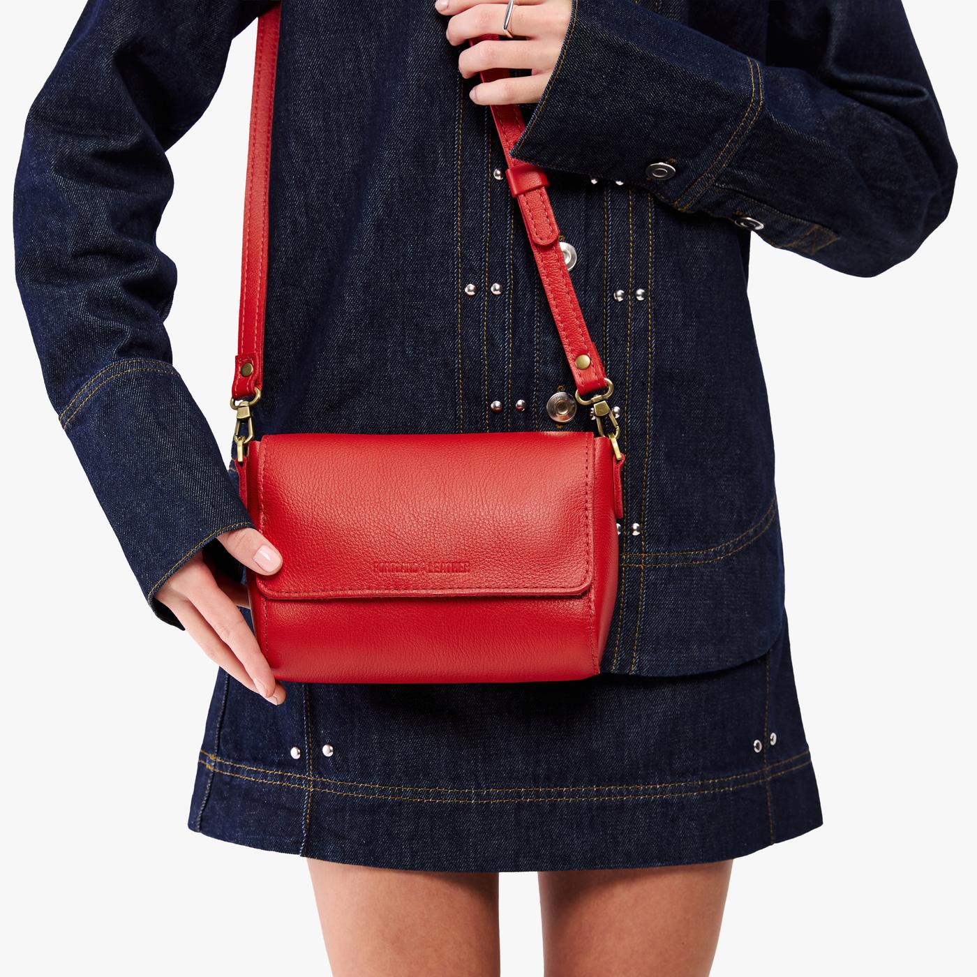 Poppy Red*Mini | Model Wearing Small Leather Crossbody Bag with Magnetic Messenger Bag Closure