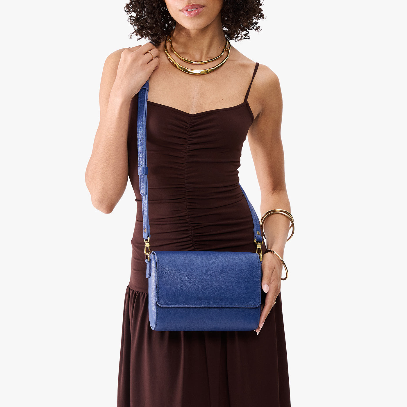 Molino Blue*Medium | Model Wearing Leather Crossbody Bag with Magnetic Messenger Bag Closure